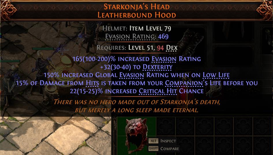 MMOJUGG Path of Exile 2 STARKONJA'S HEAD LEATHERBOUND HOOD#948532 Detalhes da função e uso do item